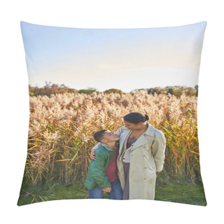 Personality  Cheerful African American Mother In Autumnal Clothes Embracing Son, Fall Season, Love And Bonding Pillow Covers