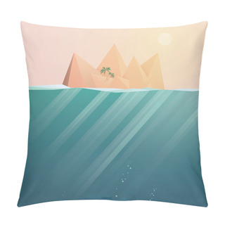 Personality  Tropical Island Landscape Vector Background With Underwater Space. Sunset Scene Of Travel Paradise. Pillow Covers