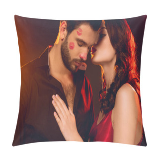Personality  Elegant Woman Kissing Handsome Boyfriend With Lipstick Prints Of Face On Black Background With Lighting Pillow Covers