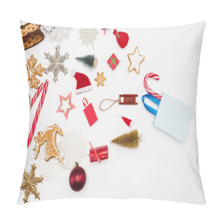 Personality  Top View Of Different Christmas Baubles, Candy Canes And Cookies On White Background Pillow Covers