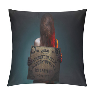 Personality  OUIJA Board For Divination. Girl Holding A OUIJA Board. Woman With Long Red Hair Halloween. Mystic Divination Conversation With The Spirits. Pillow Covers