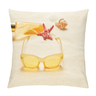 Personality  Selective Focus Of Yellow Sunglasses Near Suntan Oil Bottle, Red Starfish And Seashell On Sand  Pillow Covers