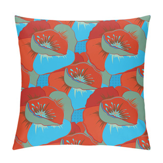 Personality  Vector Illustration. Seamless Floral Pattern With Stylized Poppy Flowers In Green, Blue And Red Colors. Pillow Covers