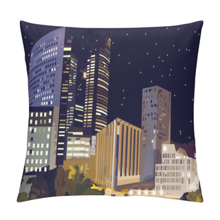 Personality  Business Center At Night Vector. La Defense Business Center In Paris France. Beautiful Illuminated Buildings At Nights Pillow Covers