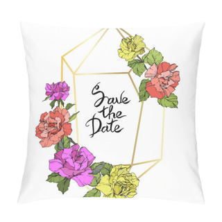 Personality  Vector Rose Flowers And Golden Crystal Frame. Coral, Yellow And Purple Engraved Ink Art. Geometric Crystal Polyhedron Shape On White Background. Save The Date Handwriting Monogram Calligraphy. Pillow Covers