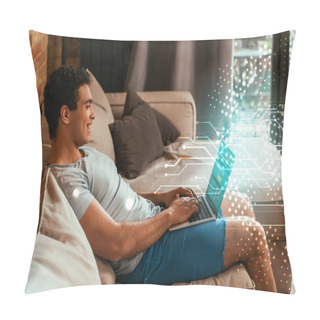Personality  Happy Mixed Race Man Chilling And Using Laptop With SportsBet Website On Screen Near  Digital Illustration  Pillow Covers