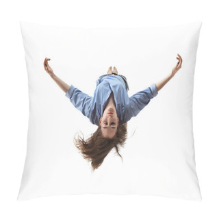 Personality  Mid-air Beauty. Full Length Studio Shot Of Attractive Young Woman Hovering In Air And Keeping Eyes Closed Pillow Covers