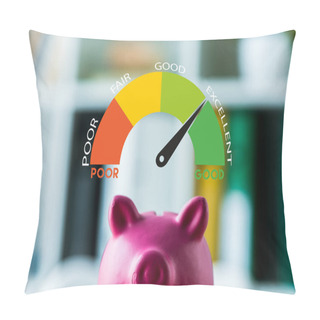Personality  Pink Piggy Bank On Wooden Desk Near Colorful Speed Meter With Letters In Office  Pillow Covers
