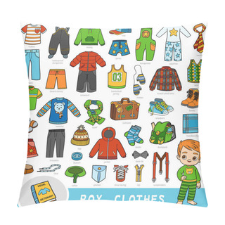 Personality  Vector Set Of Boys Clothes, Color Collection Of Cartoon Kids Accessories And Clothing Pillow Covers