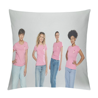 Personality  Happy Interracial Women Different Age Standing On Grey Backdrop, Breast Cancer, Hands On Hips, Pose Pillow Covers