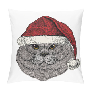 Personality  British Shorthair Cat Animal Cute Face. Christmas Winter Animal. Red Santa Claus Hat. Vector Happy Silver British Kitten Head Portrait. Pillow Covers