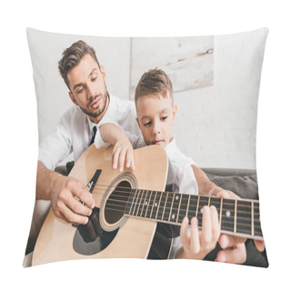 Personality  Dad Teaching Son To Play Acoustic Guitar At Home Pillow Covers