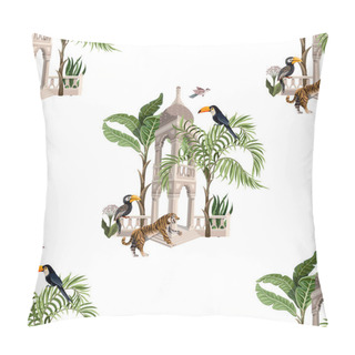 Personality  Seamless Pattern With Ancient Arbor And Wild Animals In The Jungle. Vector. Pillow Covers