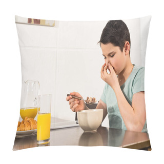 Personality  Boy Pinching Nose While Eating Breakfast Cereal In Kitchen Pillow Covers