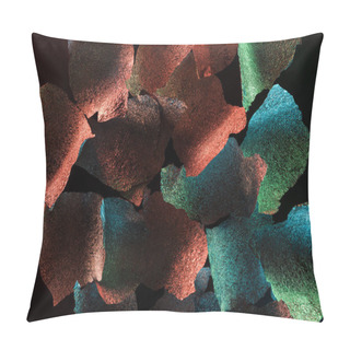 Personality  Abstract Background Of Textured Torn Silver Foil With Colorful Illumination Isolated On Black Pillow Covers