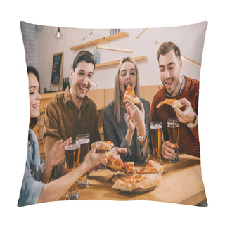 Personality  Happy Woman Eating Pizza Near Friends In Bar Pillow Covers