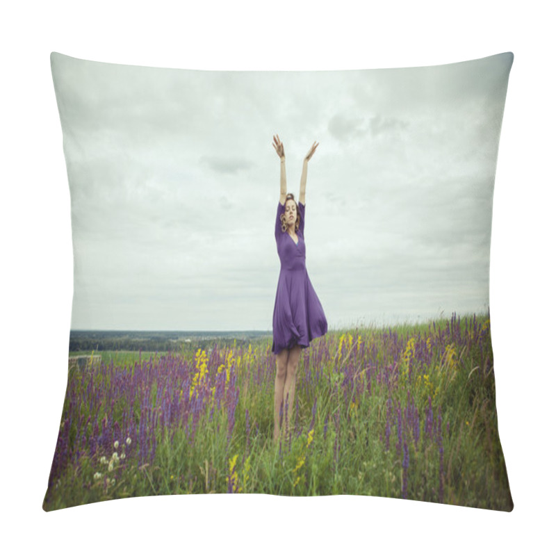 Personality  Young girl in vintage dress walking through sage flower field. pillow covers