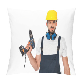 Personality  Handsome Workman Holding Electric Screwdriver Isolated On White Pillow Covers