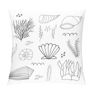 Personality  Doodle Marine Elements. Set Of Marine Hand Drawn Icons On White Background. Vector Illustration With Random Elements. Design For Prints And Cards. Pillow Covers