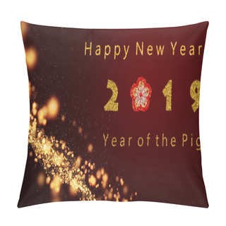 Personality  Abstract Black Background With Digital Waves Of Bright Yellow Gold Plum Particle Grid Aligned With The Chinese New Year 2019 Pillow Covers