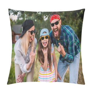 Personality  Funny Man, Woman And Child With Protruding Tongues In Rocker Style Scream. Pillow Covers