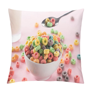Personality  Selective Focus Of Bright Multicolored Breakfast Cereal In Bowl Near Glass Of Milk And Spoon On Pink Background Pillow Covers