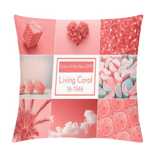 Personality  Trendy Creative Collage Inspired By Living Coral Color Of The Year 2019. Love Heart, Sweet, Holiday Gift, Fashion. Pillow Covers