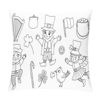 Personality  Vector Black And White Saint Patrick Day Symbols. National Irish Holiday Line Icons Pack. Cute Funny Leprechaun, Shamrock, Harp, Flag Outline Illustration Or Coloring Page Pillow Covers