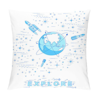 Personality  Earth In Space, Our Planet In Huge Cosmos Surrounded By Rockets, Asteroids And Stars. Cartoon Science Universe. Thin Line 3d Vector Illustration Isolated On White. Pillow Covers