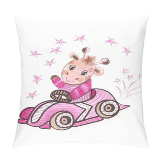 Personality Illustration Of A Color Watercolor Animal Character Giraffe Travels In A Vehicle Racing Sports Car On A White Isolated Background. Pillow Covers
