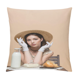 Personality  Pretty Woman In Sun Hat And Gloves Looking At Camera Near Bread And Milk On Table Isolated On Beige  Pillow Covers