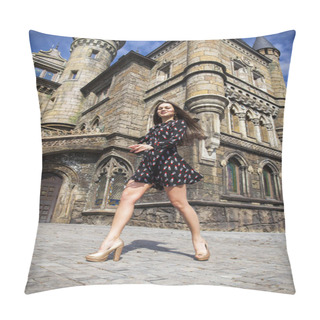 Personality  Full-length Portrait Young Beautiful Girl In Summer Dress Posing Pillow Covers