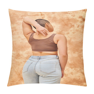 Personality  Curvy Model, Back View Of Young Short Haired Woman Standing With Hand Behind Back, Mottled Beige Background, Representation Of Body, Different Shapes, Generation Z, Youth, Body Positivity  Pillow Covers