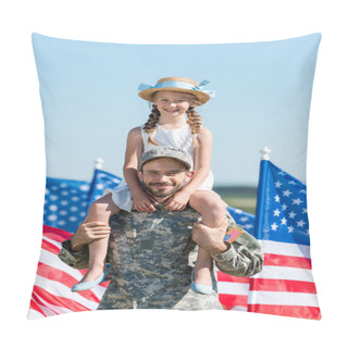 Personality  Handsome Man Holding On Shoulders Cute Daughter In Straw Hat Near American Flags  Pillow Covers