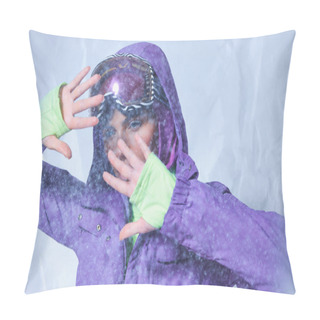Personality  Attractive Woman In Balaclava, Purple Winter Jacket And Ski Googles Posing On Grey, Snowy Weather Pillow Covers