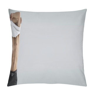 Personality  Sexy And Muscular Man In Trousers Taking Off White T-shirt On Grey, Banner Pillow Covers