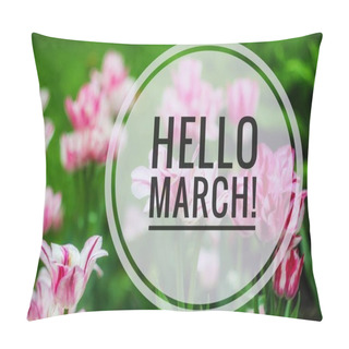 Personality  Banner Hello March. Postcard . Greetings Of Spring. We Are Waiting For Spring. Hello March Pillow Covers