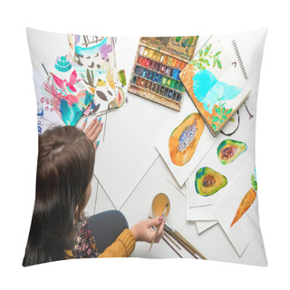 Personality  Top View Of Woman Preparing To Paint With Watercolors Paints While Surrounded By Color Drawings And Drawing Utensils Pillow Covers