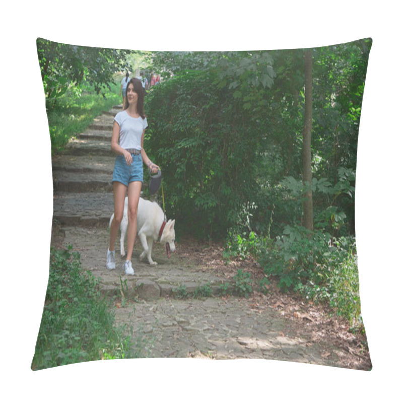 Personality  Carefree Young Woman Climbing Stairs, Walking Her Pet Dog Breathing Fresh Air And Enjoying A Good Time Together In Nature. Pillow Covers