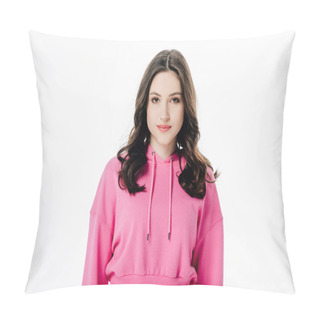 Personality  Attractive Confident Girl In Pink Hoodie Looking At Camera Isolated On White Pillow Covers