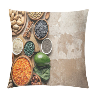 Personality  Top View Of Superfoods, Legumes And Healthy Ingredients On Rustic Background With Copy Space Pillow Covers