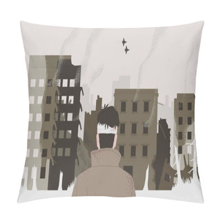 Personality  Scene Of War: Injured Young Man POV With Head Bandage Looking At City Area In Military Conflict, Damaged Building Skyline. European Street Concept. Modern Flat Cartoon Illustration. Pillow Covers