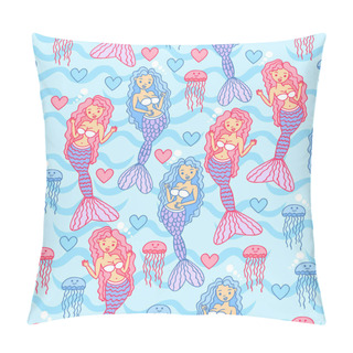 Personality  Magical Mermaids And Jellyfish Swim In The Waves Of Love. Cute Vector Background With Marine Inhabitants. Seamless Pattern With Sea Life And Color Hearts. Pillow Covers