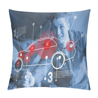Personality  Mechanic Reparing Car While Consulting Futuristic Interface Pillow Covers