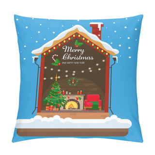 Personality  Christmas House In Cut With Snow. House Interior With A Furniture, Fireplace, Christmas Tree, Gifts, Lights, Decorations. Flat Style Vector Illustration. Pillow Covers