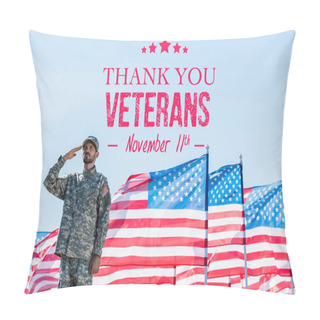 Personality  Patriotic Soldier In Military Uniform Giving Salute Near American Flags With Stars And Stripes With Thank You Veterans Illustration Pillow Covers