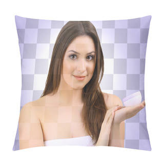 Personality  Beautiful Girl With Cream On White And Purple Squares Background Pillow Covers
