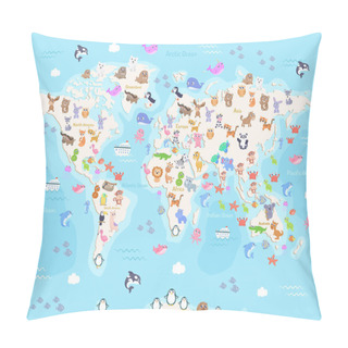 Personality  Vector Illustration Of World Map With Animals For Kids. Flat Design. Pillow Covers