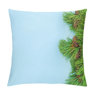 Personality  Natural Evergreen Cedar Branches With Cones Border On Blue Background. Copy Space Top View Template For Your Design, Invitation, Postcard Pillow Covers