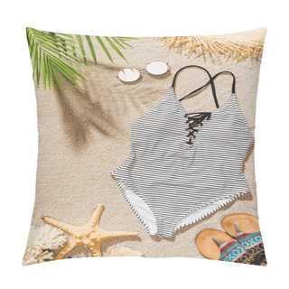 Personality  Top View Of Stylish Swimsuit With Sunglasses And Flip Flops Lying On Sandy Beach Pillow Covers
